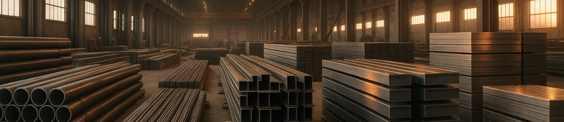 Баннер на главной, где изображен склад с товарами компании Аврора Спецсталь